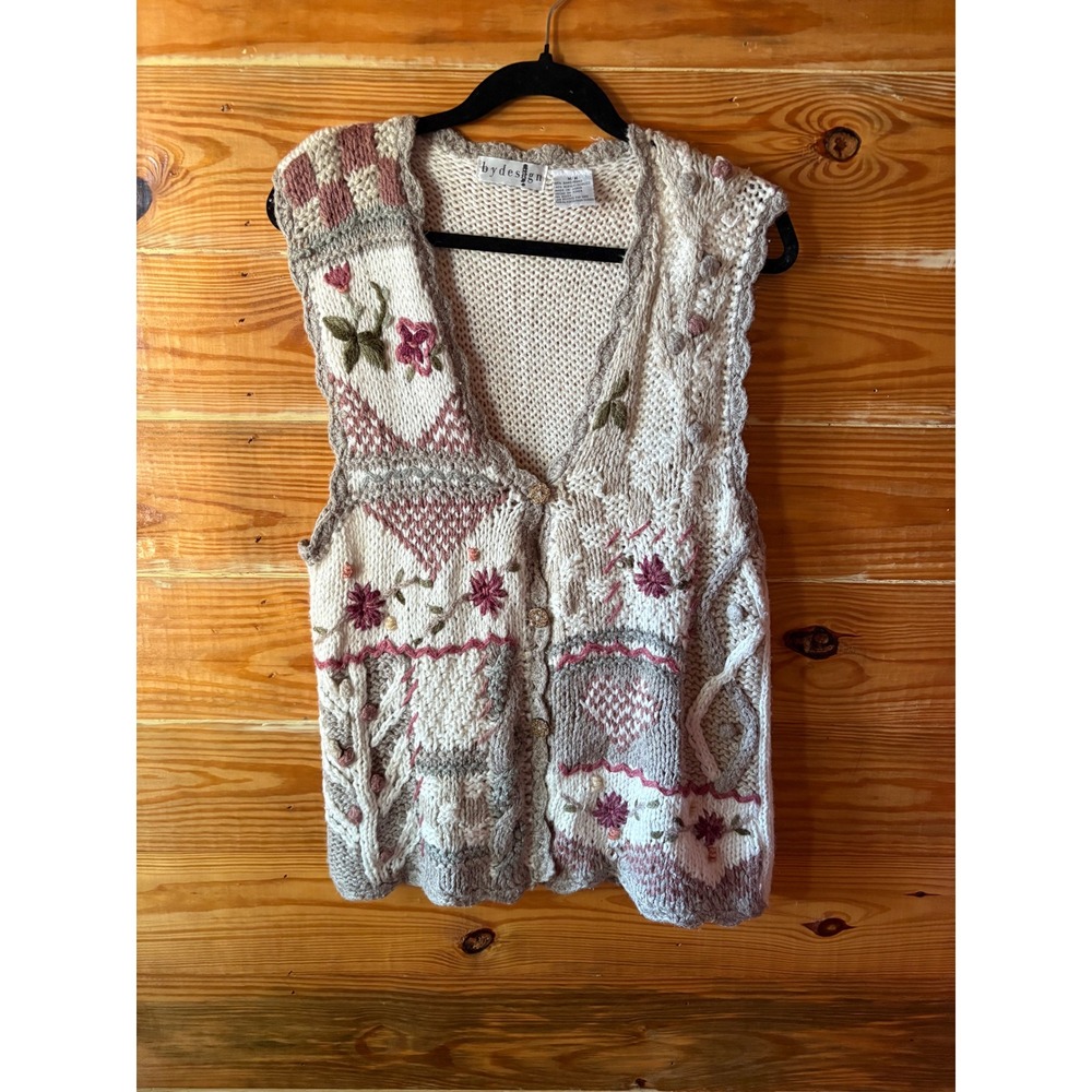 Vintage By Design Knit Floral Embroidered Women's Vest Sz M Cottagecore Neutral